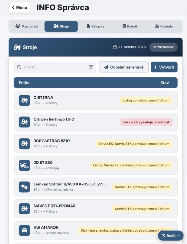 Info Manager machines tab: list of machines with status badges saying what needs attention