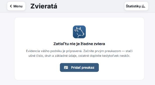 Livestock module empty state inviting the user to add the first animal card