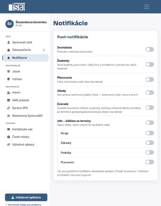 Profile notifications section with a toggle for each notification type, grouped side panel