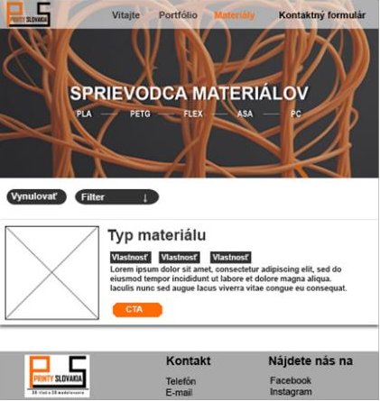 Mock-up of the Materials page with a filament guide header, filter and material card
