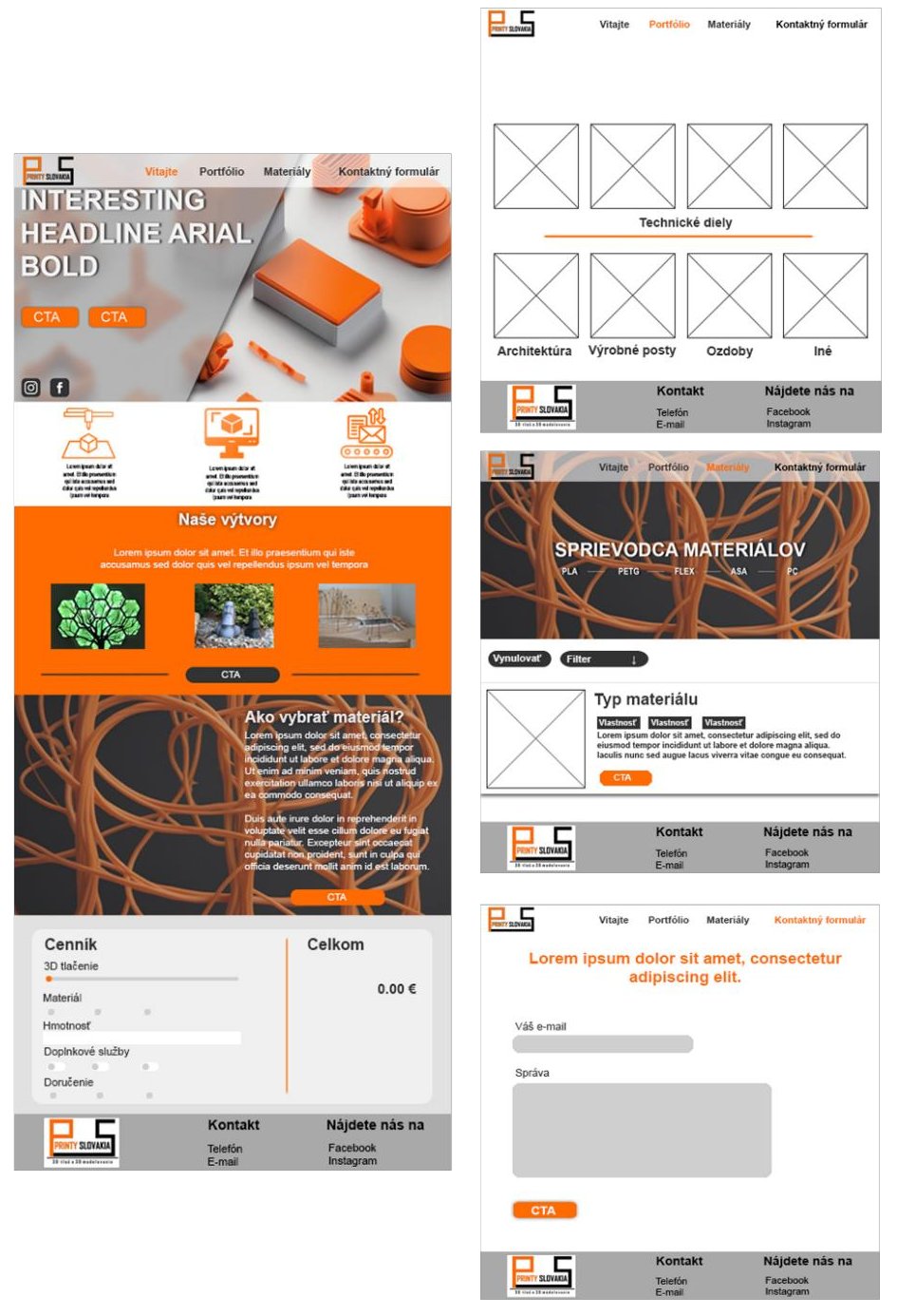 Full mock-up of the new site: homepage, portfolio, materials and contact pages