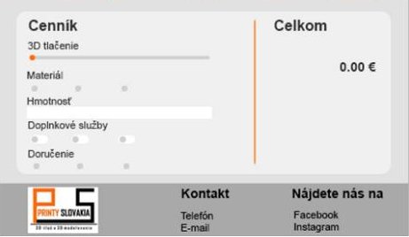 Mock-up of the price calculator with sliders for 3D printing, material, weight, extra services and delivery